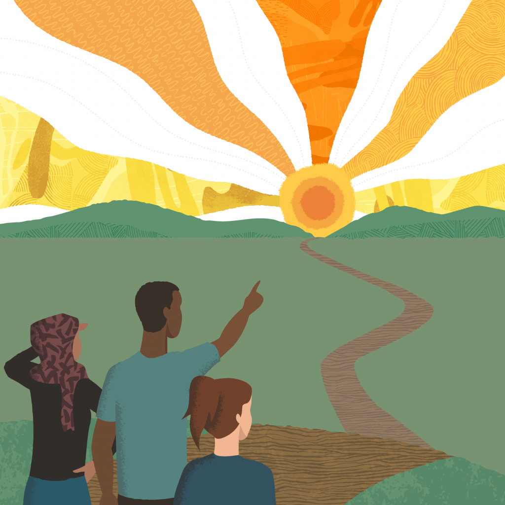 Three people looking at sunrise.