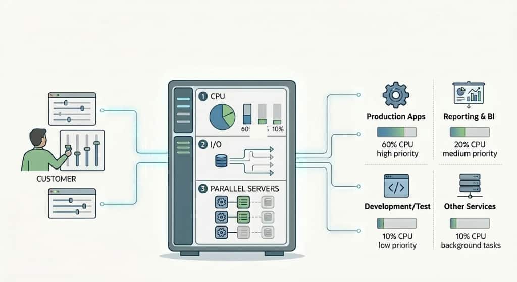 Abstract picture showing a customer assigning resources to different users and apps.