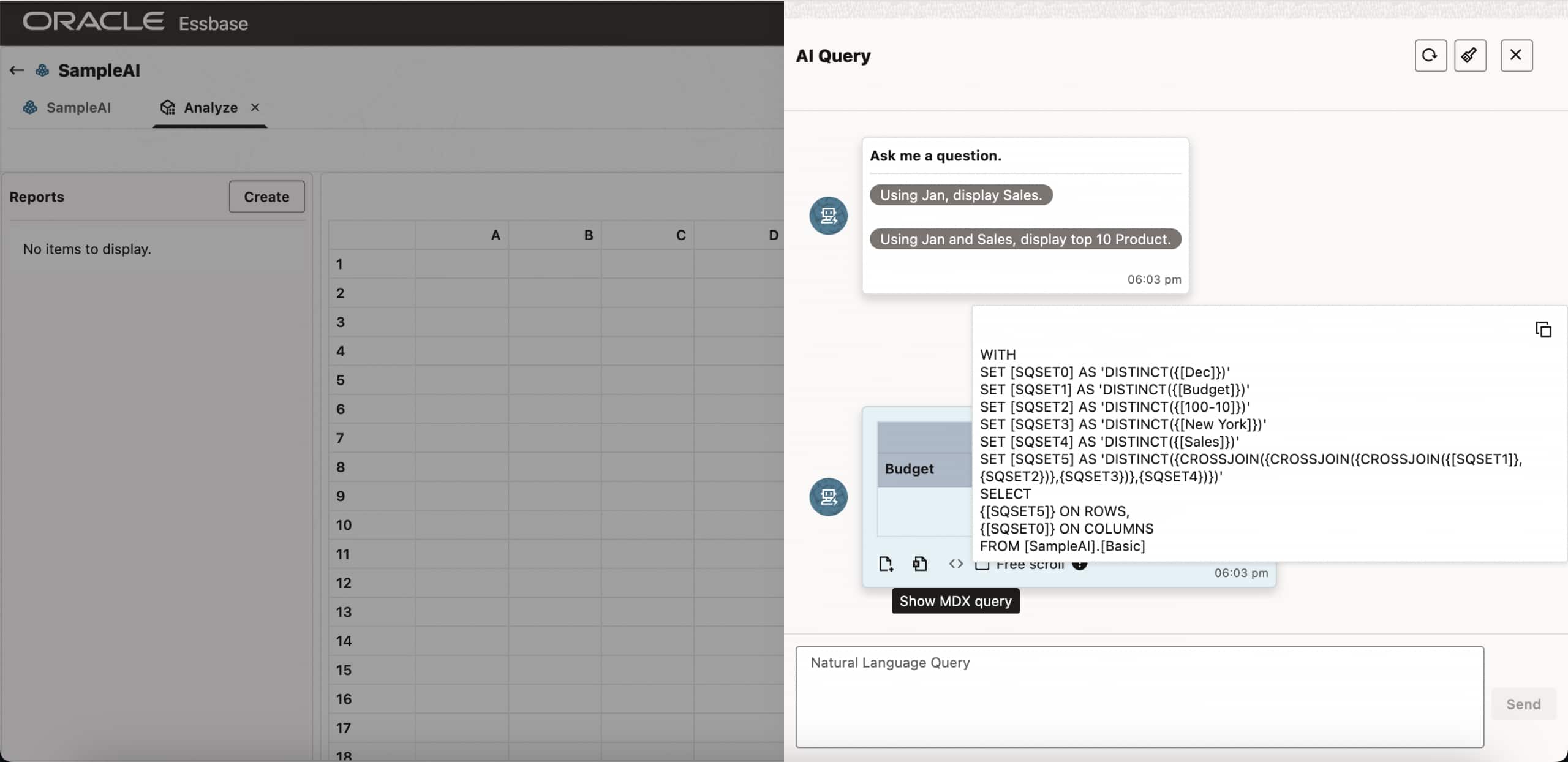 Essbase AI Query show MDX