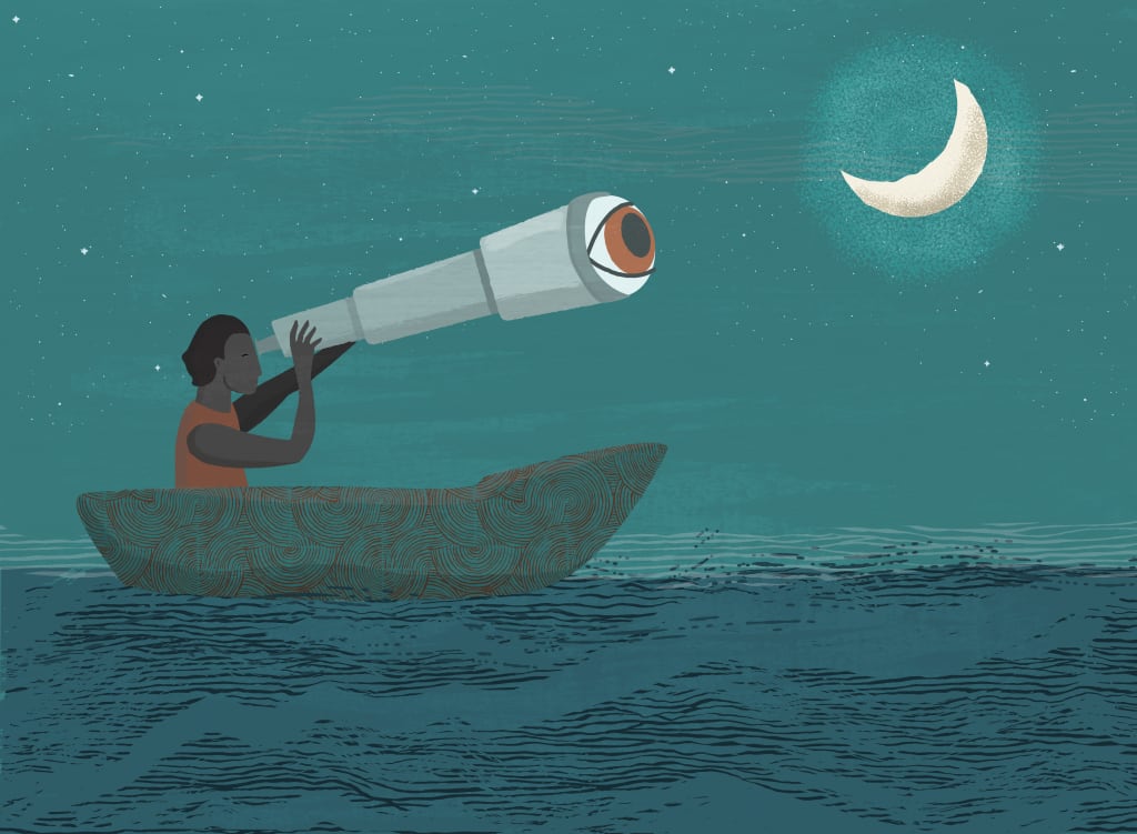 A sailor is looking ahead on his telescope