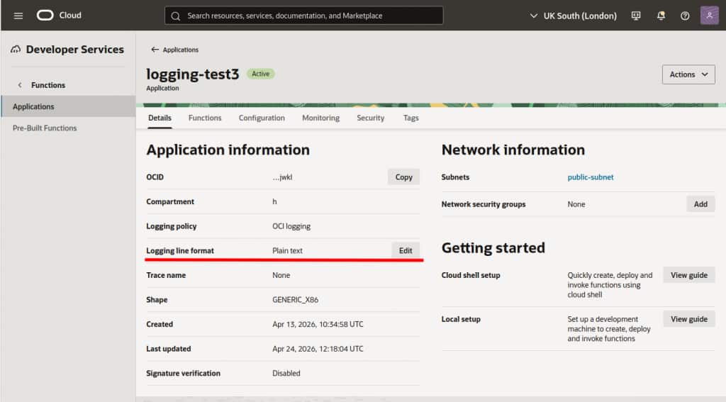 A screenshot showing the application details page in the OCI Console, with the 'Logging line format' field highlighted