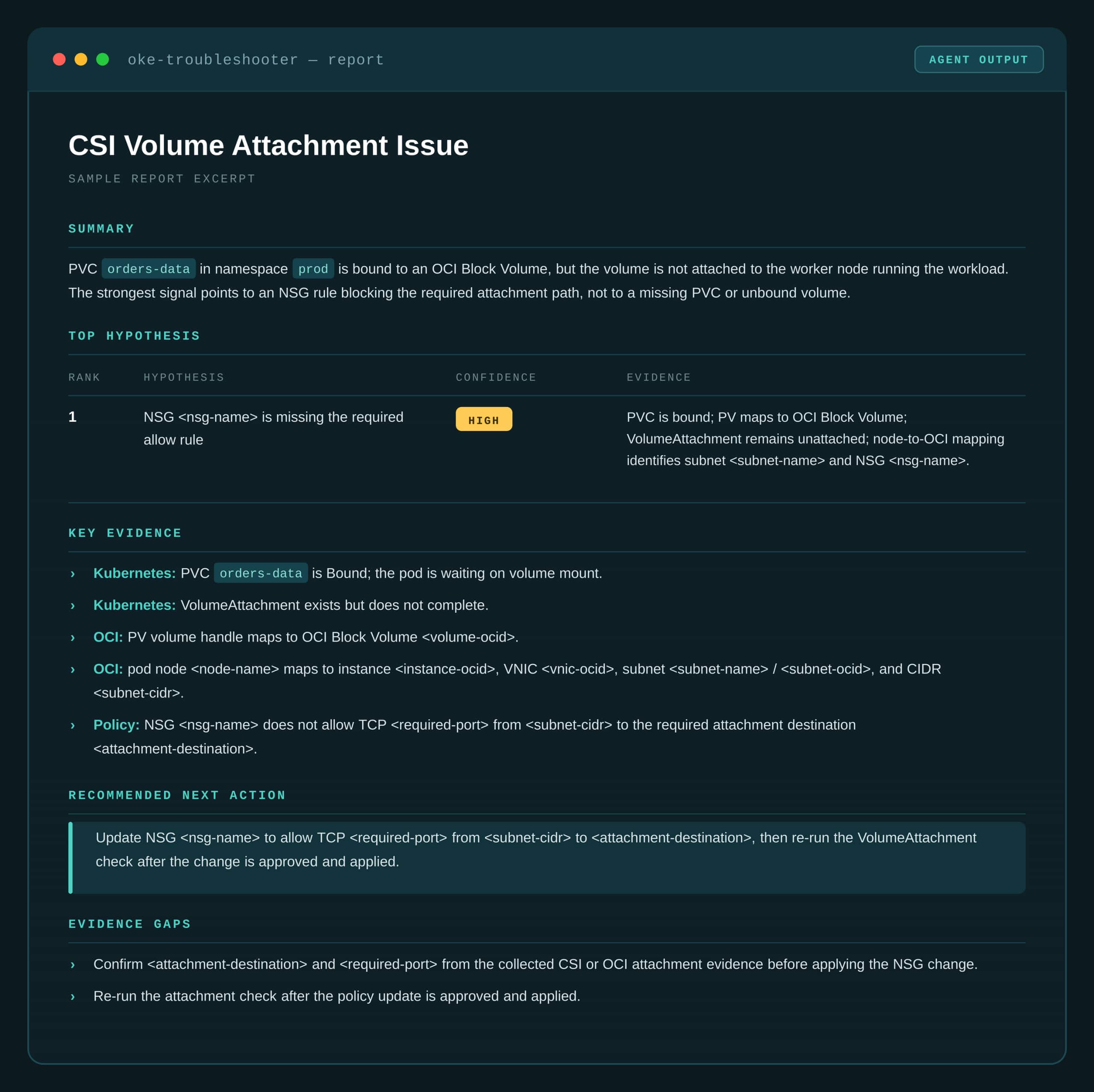 Sample OKE Troubleshooter report for the CSI volume case, as the agent returns it, kept visually distinct from the surrounding blog narrative.