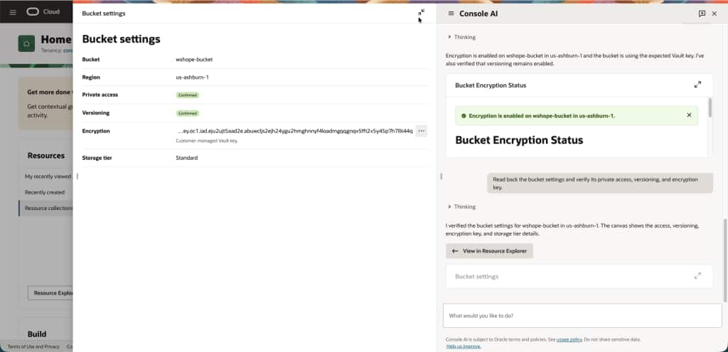Console AI displays an Object Storage bucket’s settings, confirming private access, enabled versioning, and encryption with a customer-managed OCI Vault key.