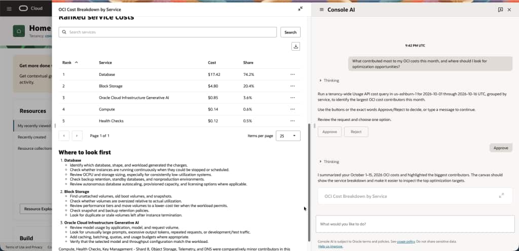 Console AI ranks OCI service costs for October 1–15, 2026. Database accounts for 74.2% of spending and Block Storage for 20.4%. Suggested areas for review include resource sizing, backup retention, and unattached storage volumes.