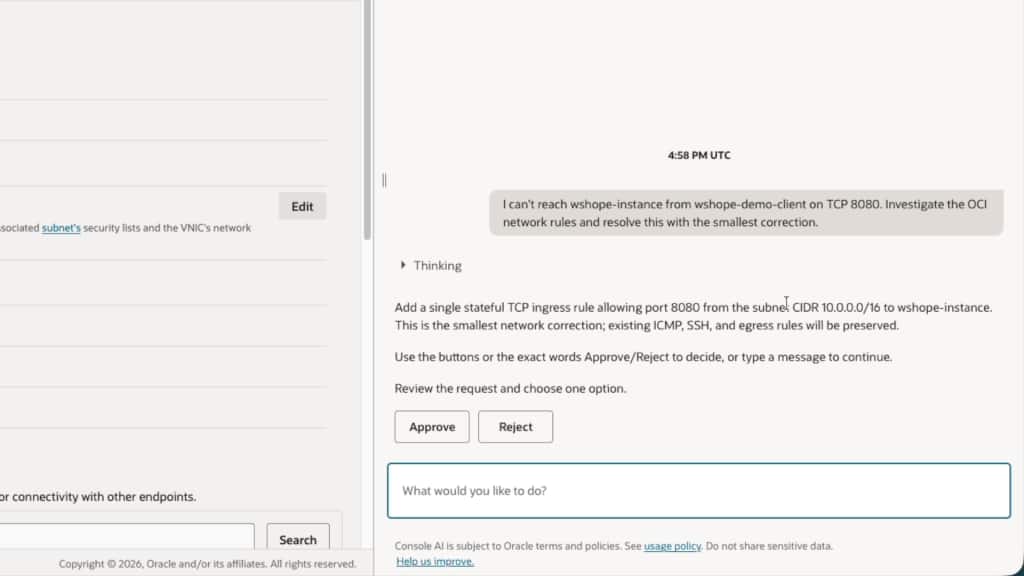 Console AI proposes adding an inbound TCP rule for port 8080 from subnet 10.0.0.0/16 while preserving existing network rules. Approve and Reject buttons let the user review the proposed change before it is applied.