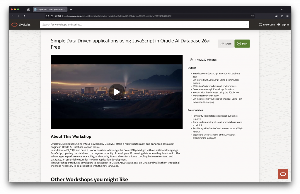 A screenshot showing the JavaScript LiveLab's landing page