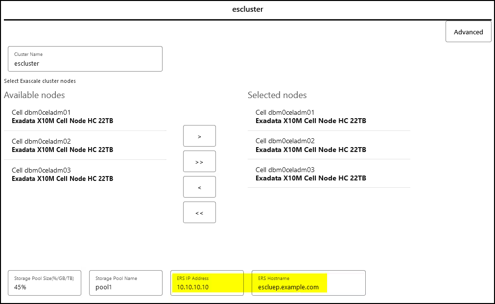 Screenshot of the Exadata Deployment Assistant (OEDA) “escluster” configuration page. The interface shows two side-by-side lists for selecting Exadata cluster nodes, with three available nodes on the left and the same three selected nodes on the right. Arrow buttons between the lists move nodes between available and selected. An “Advanced” button appears in the upper right. At the bottom, configuration fields display a storage pool size of 45%, a storage pool name of “pool1”, an ILOM management IP address of “10.10.10.10”, and an ILOM hostname of “esclup.example.com”, with the IP address and hostname fields highlighted in yellow.
