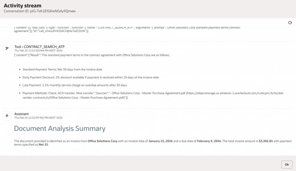 The Activity stream shows the Tool content and the Assistant. The Document Analysis Summary provides a summary. 