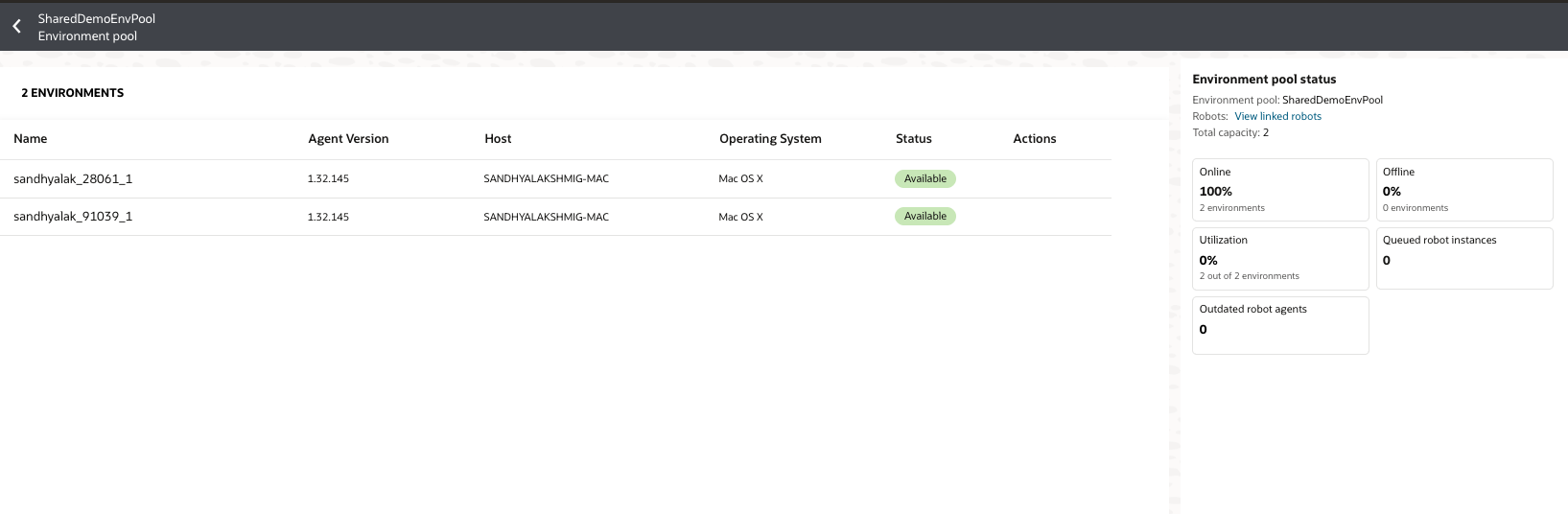 env pool status for RPA 