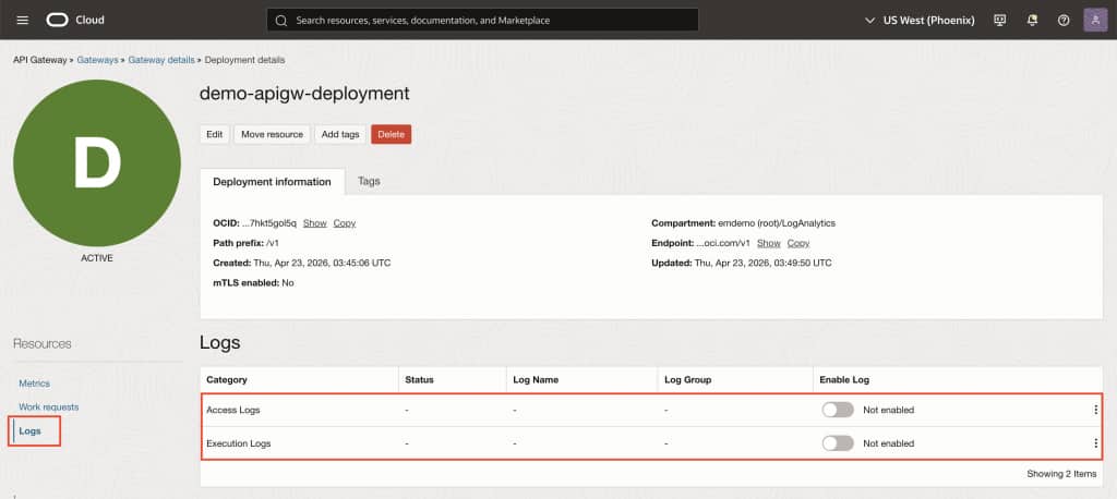 Logs for the deployment