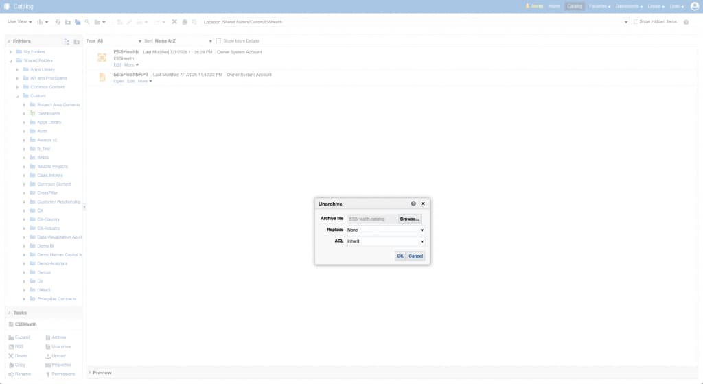 Figure 3: Select ESSHealth.catalog in the BI Publisher Unarchive dialog