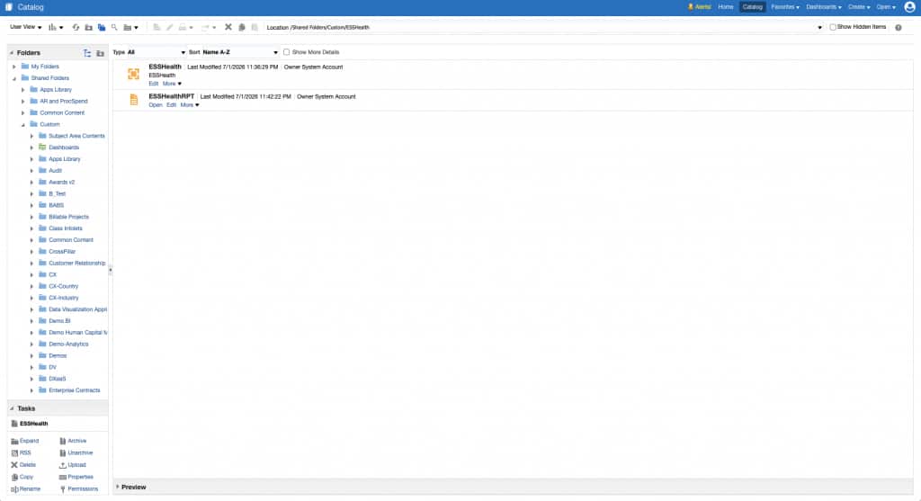 Figure 4: Verify the ESSHealth data model and ESSHealthRPT report under the imported catalog folder