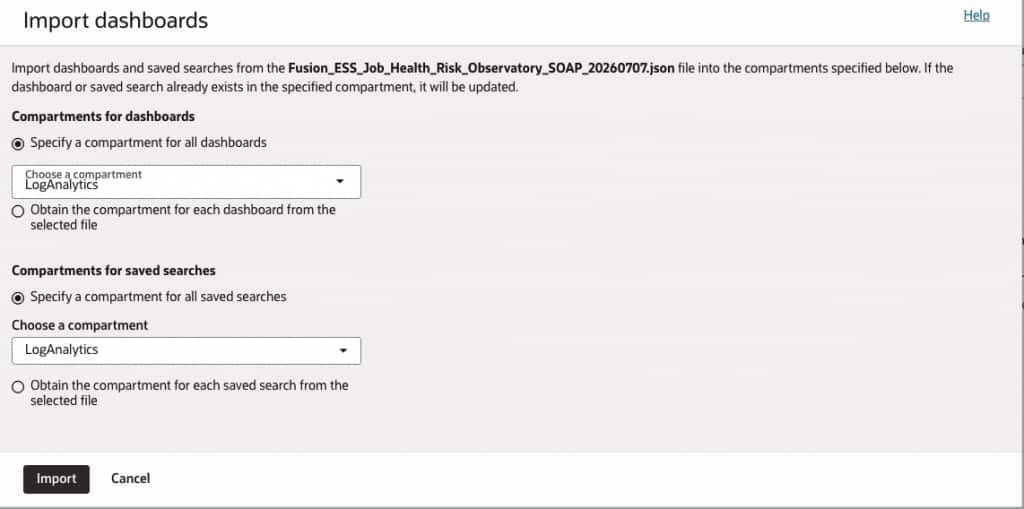 Figure 9: Select the dashboard and saved-search compartments before importing the ESS Job Health and Risk Observatory