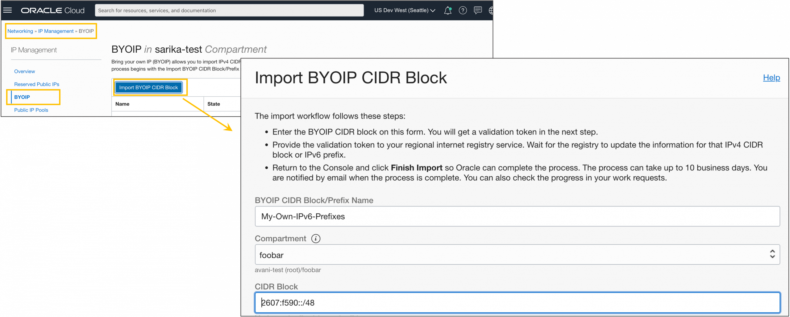 A screenshot of BYOIP details page with the Import BYOIP CIDR Block button outlined in yellow and the window that it expands to shown.