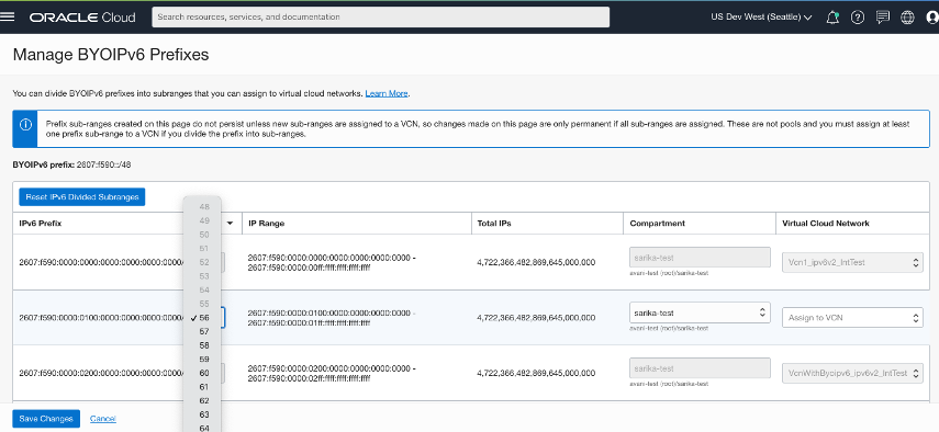 A screenshot of the Manage BYOIPv6 Prefixes page with the menu for prefix selection expanded and /56 selected.