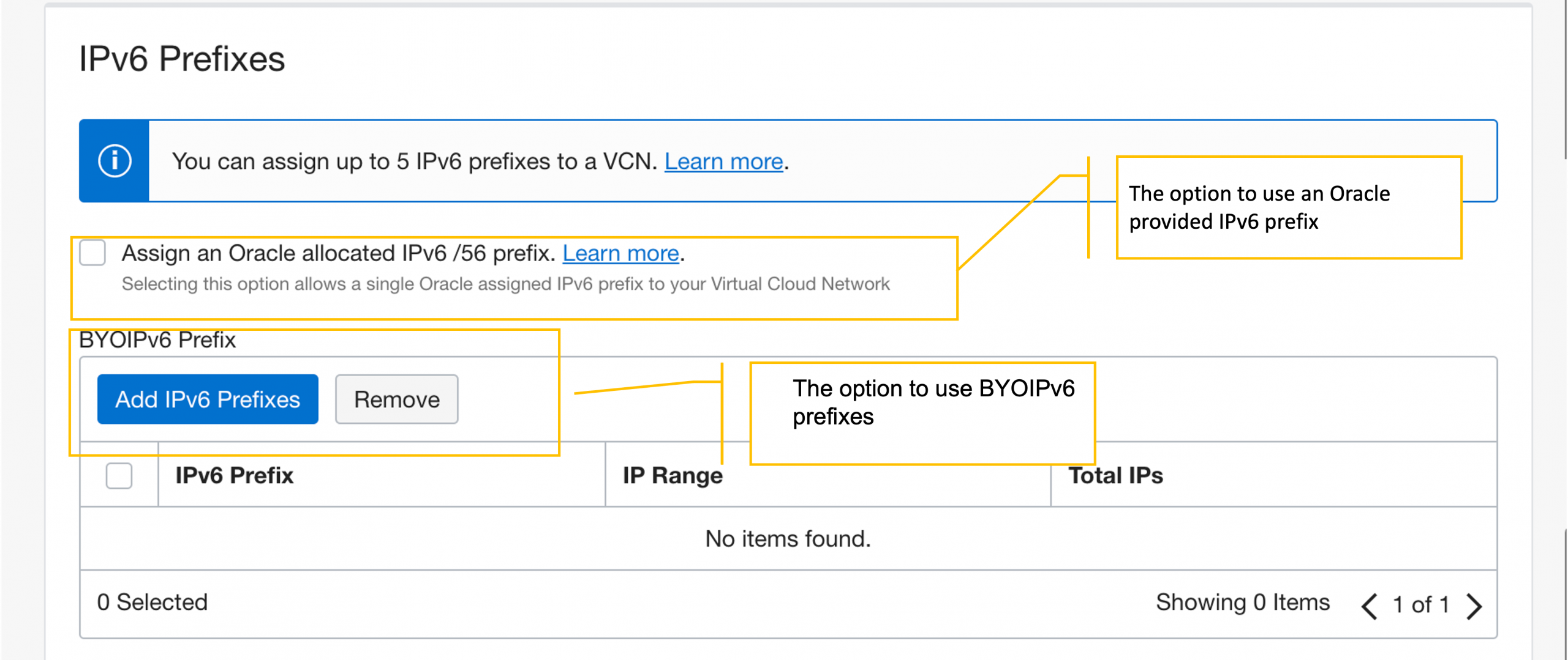 A screenshot of the IPv6 Prefixes page with the options for assigning and Oracle allocated IPv6 /56 prefix and explanations outlined in yellow.