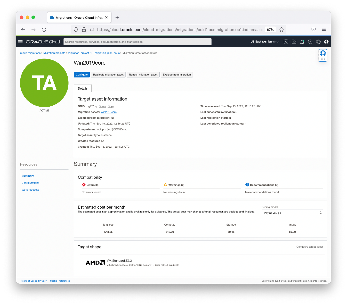 A screenshot of the migration project in the Console, showing the details of the target asset information.