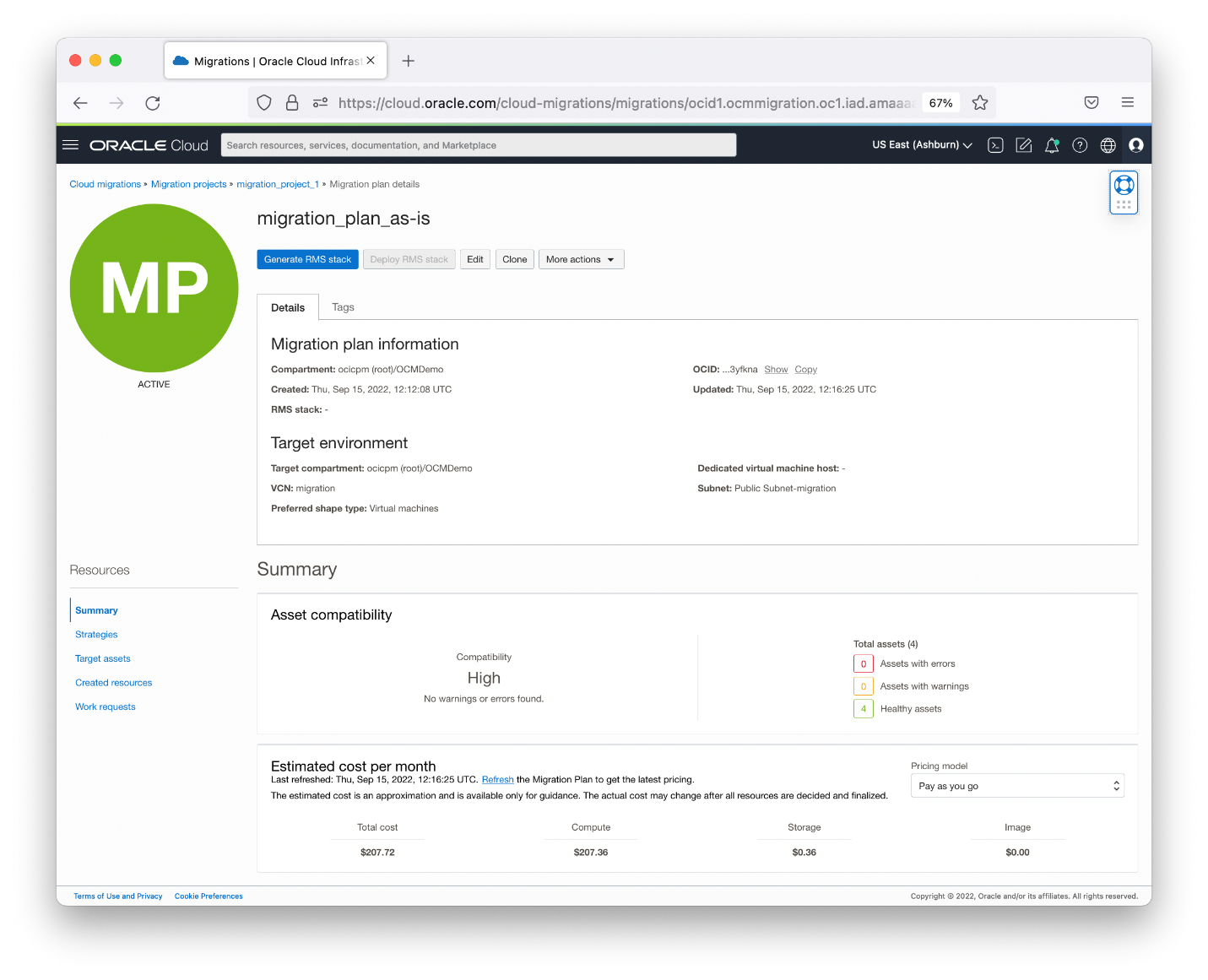 A screenshot of the migration project showing the migration plan information and summary.