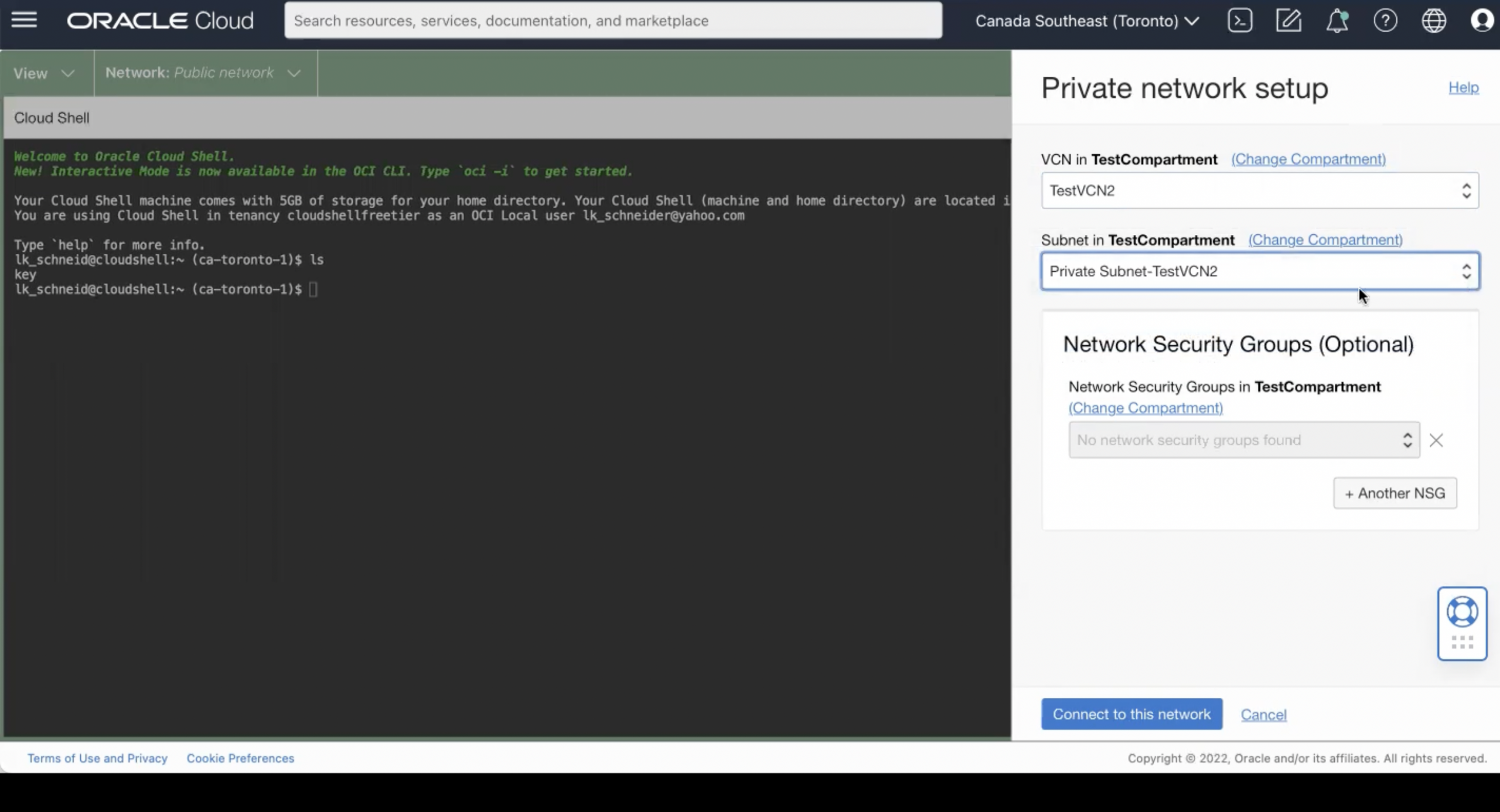 A screenshot of the Cloud Shell window, showing how to create a private network connection.