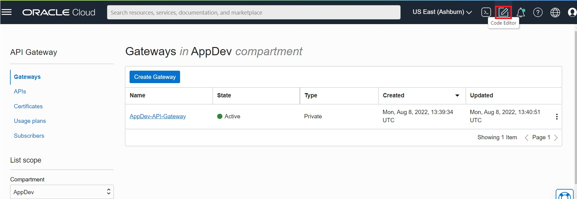 A screenshot of the Gateways page with the icon for Code Editor outlined in red.