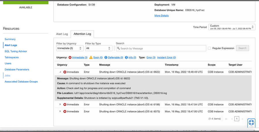 Review the attention log in Managed Database Details page within the alert logs resource link
