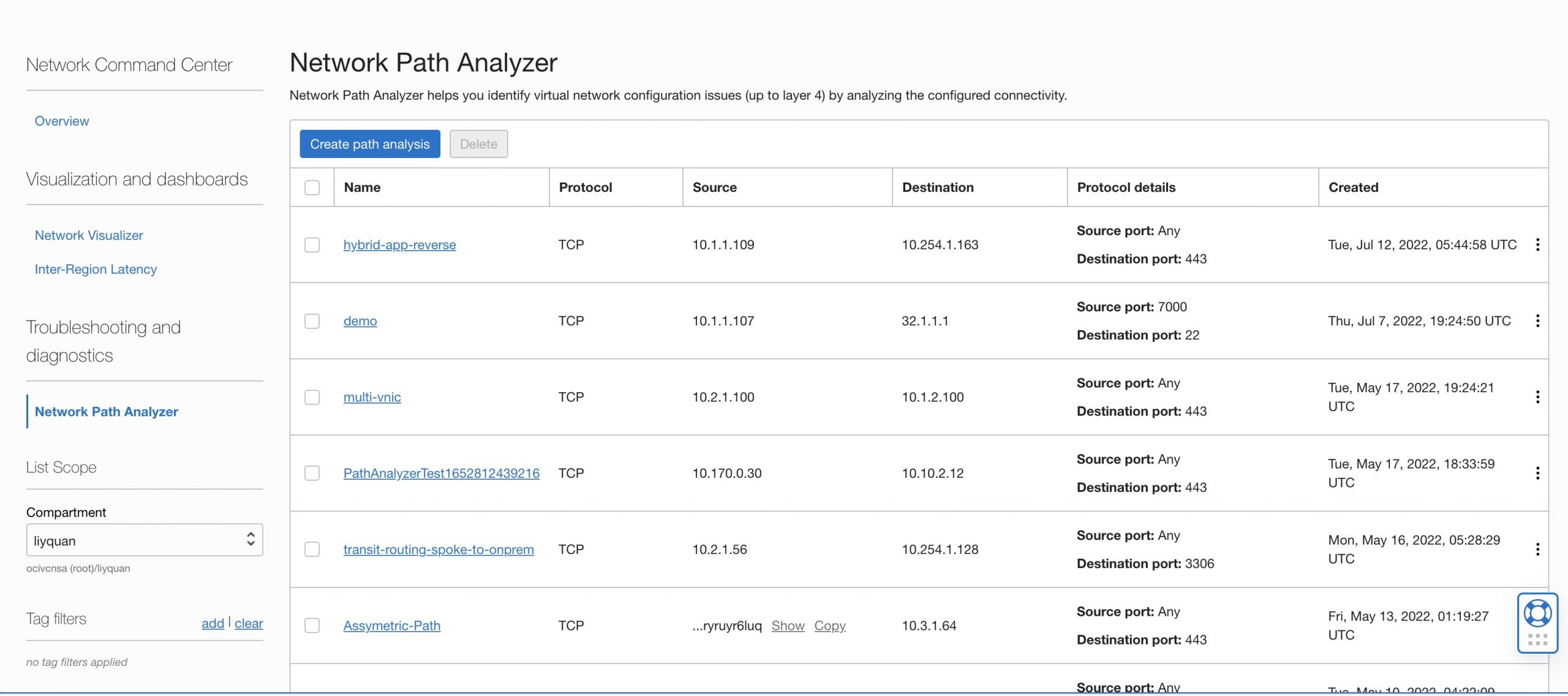 A screenshot of the Network Path Analyzer in the Network Command Center.