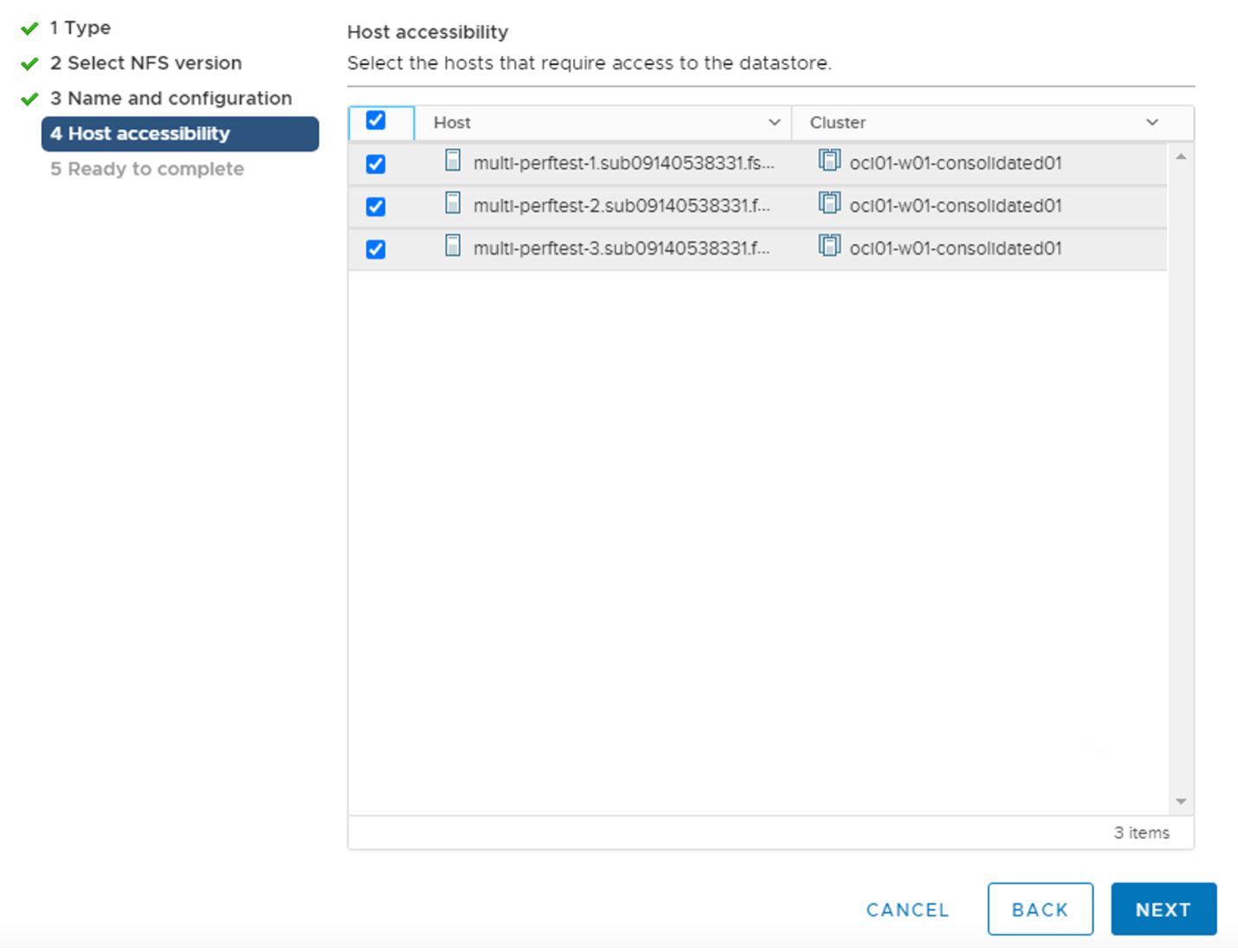 A screenshot of the same page on the fourth tab, Host Accessibility, with all example hosts and clusters selected.