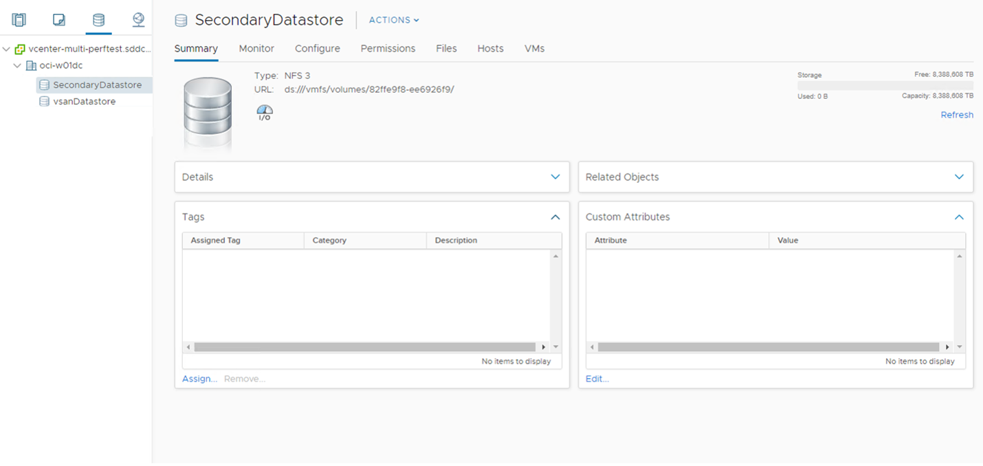 A screenshot of the details page for the SecondaryDatasore in the vCenter.