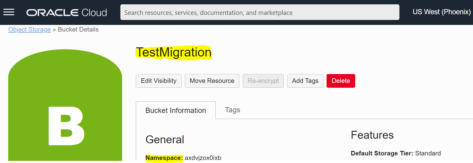 A screenshot of the Bucket Details page showing the Bucket Information tab with the namespace highlighted in yellow.