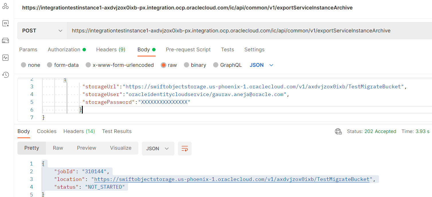 A screenshot of the export API invocation using Postman.