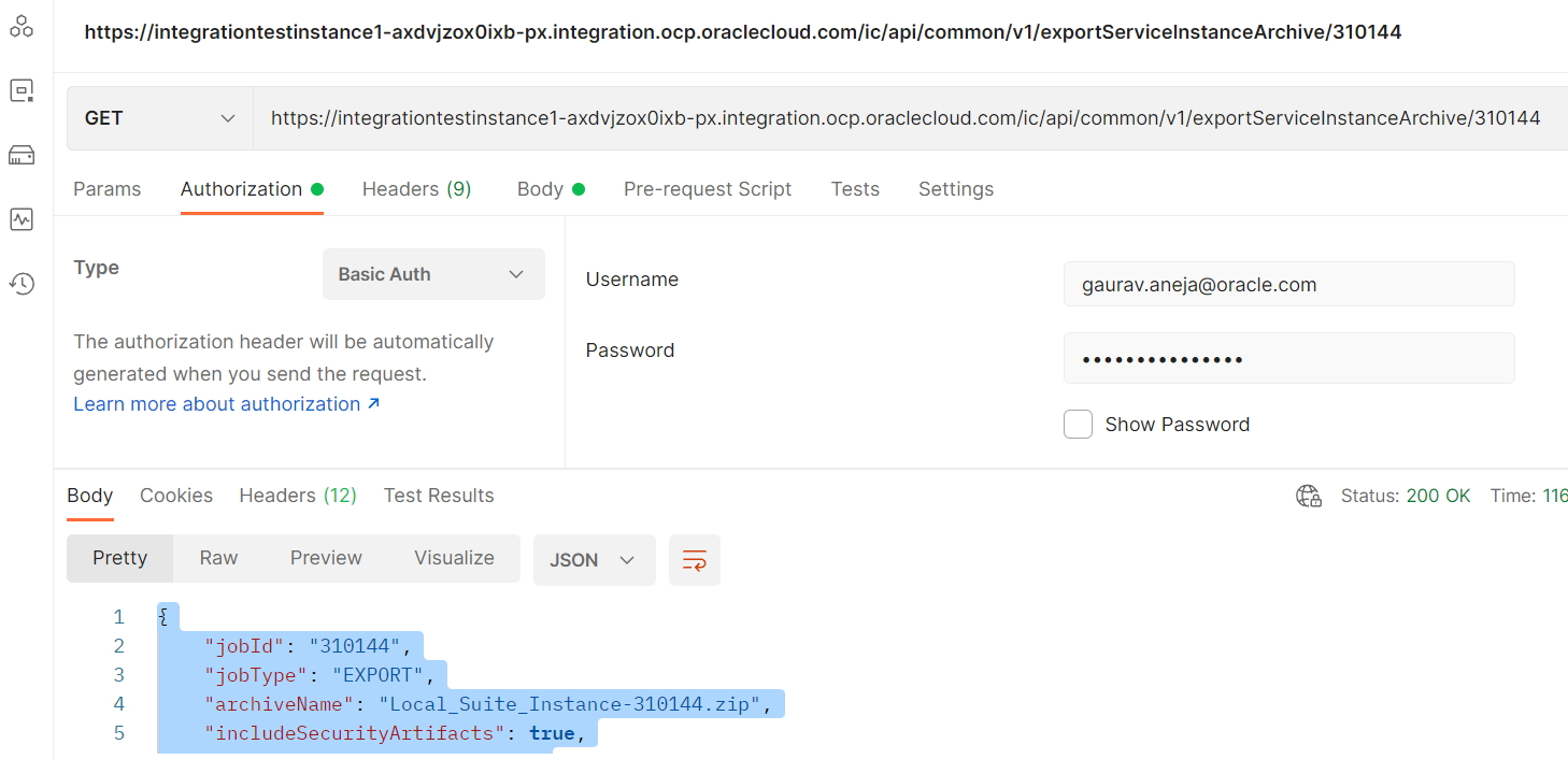 A screenshot of the export status of the GET API in Postman.