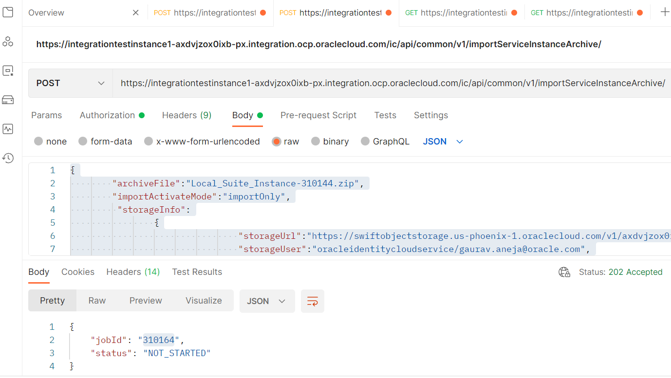 A screenshot of the OIC target instance details in Postman.