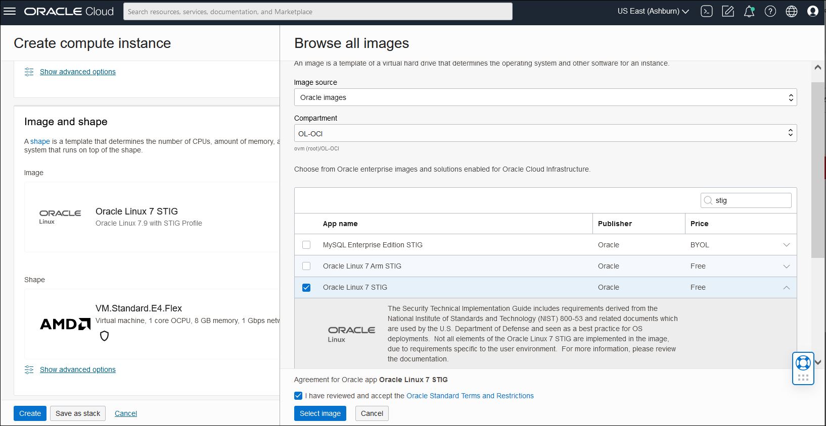 A screenshot of the Browse All Images window in the Oracle CLoud Console showing the Oracle Linux 7 STIG image.