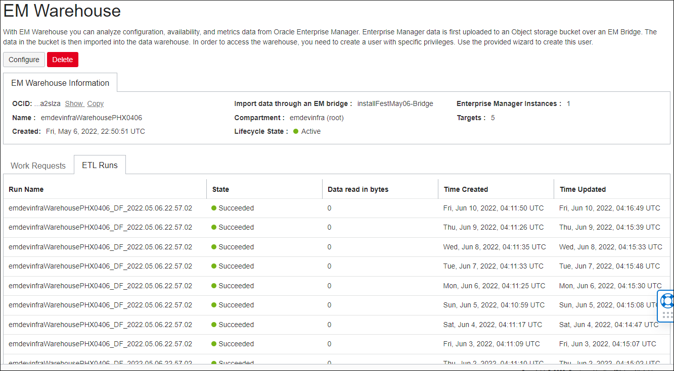 Image shows the ETL Runs list.