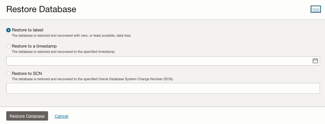 Database Restore dialog showing restore to latest, restore to timestamp and restore to SCN.