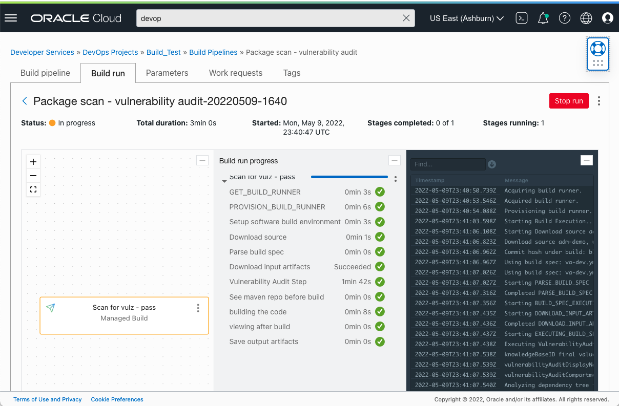 A screenshot of the Oracle Cloud Console showing a build pipeline run with the vulnerability audit step.