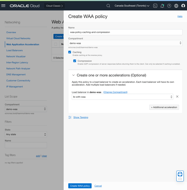 A screenshot of the Create WAA policy window with fields filled in.