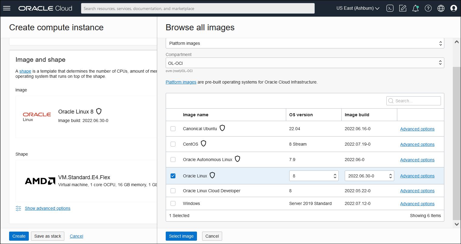 A screenshot of the Create compute instance page for browsing Oracle Linux instances.