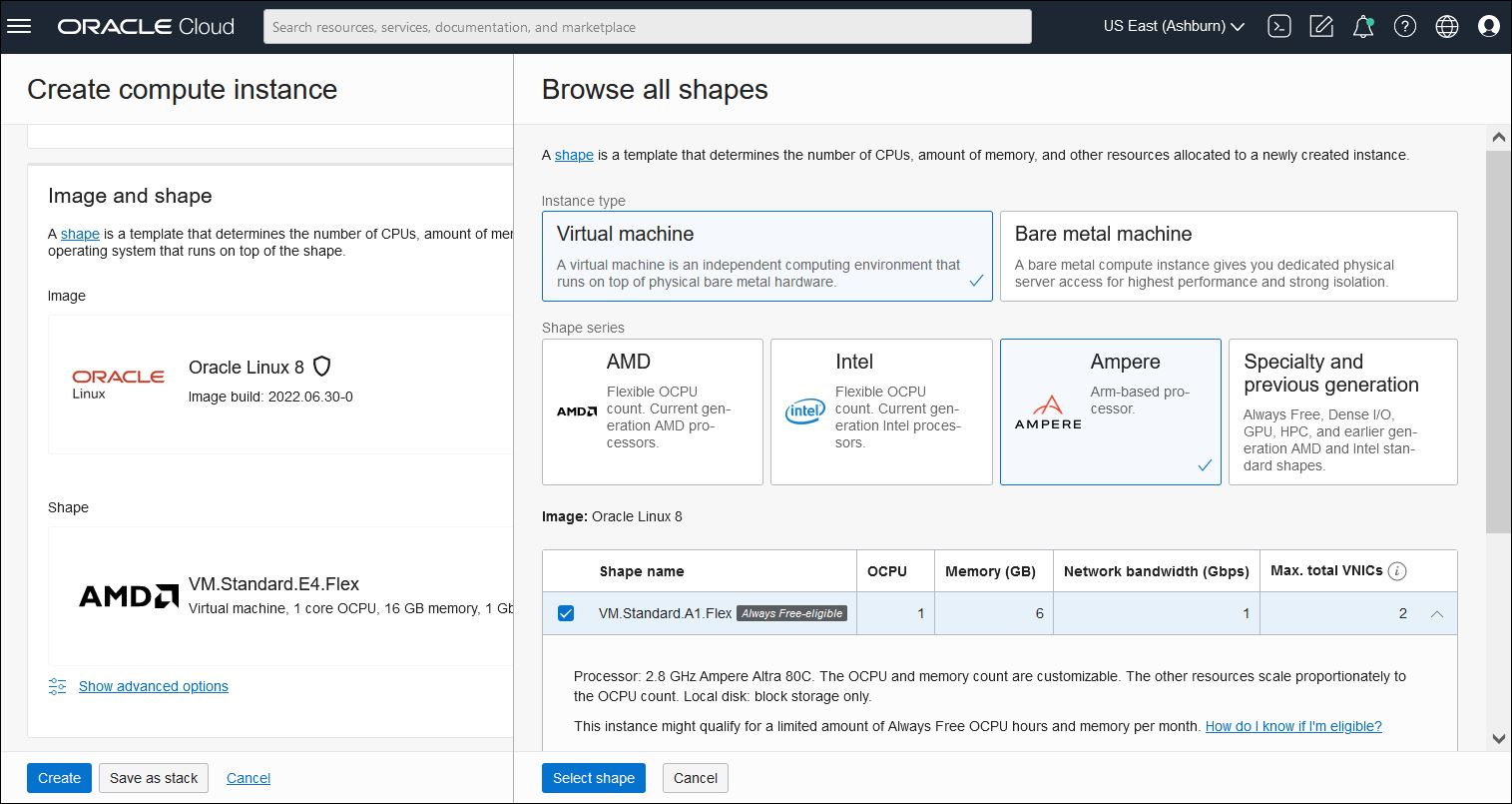 A screenshot of the Create Compute Instance page showing the options for creating an Oracle Linux Arm instance in OCI.