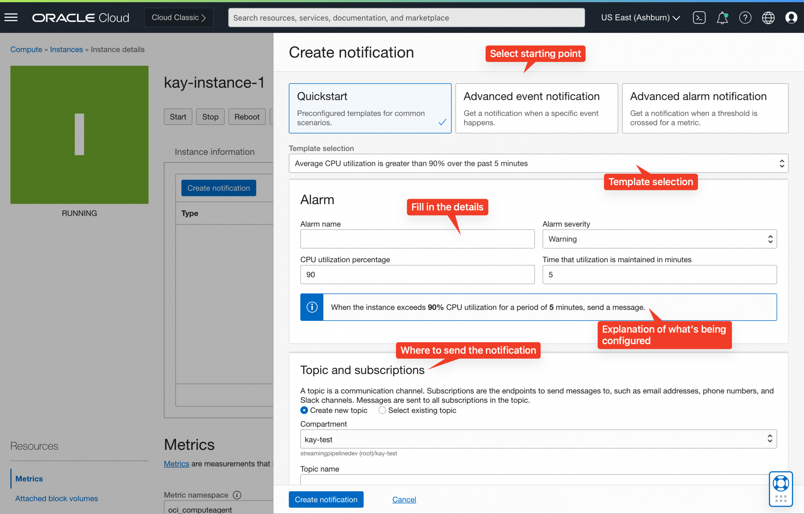A screenshot of the Create Notification window with fields filled in, selected, and indicated in red.