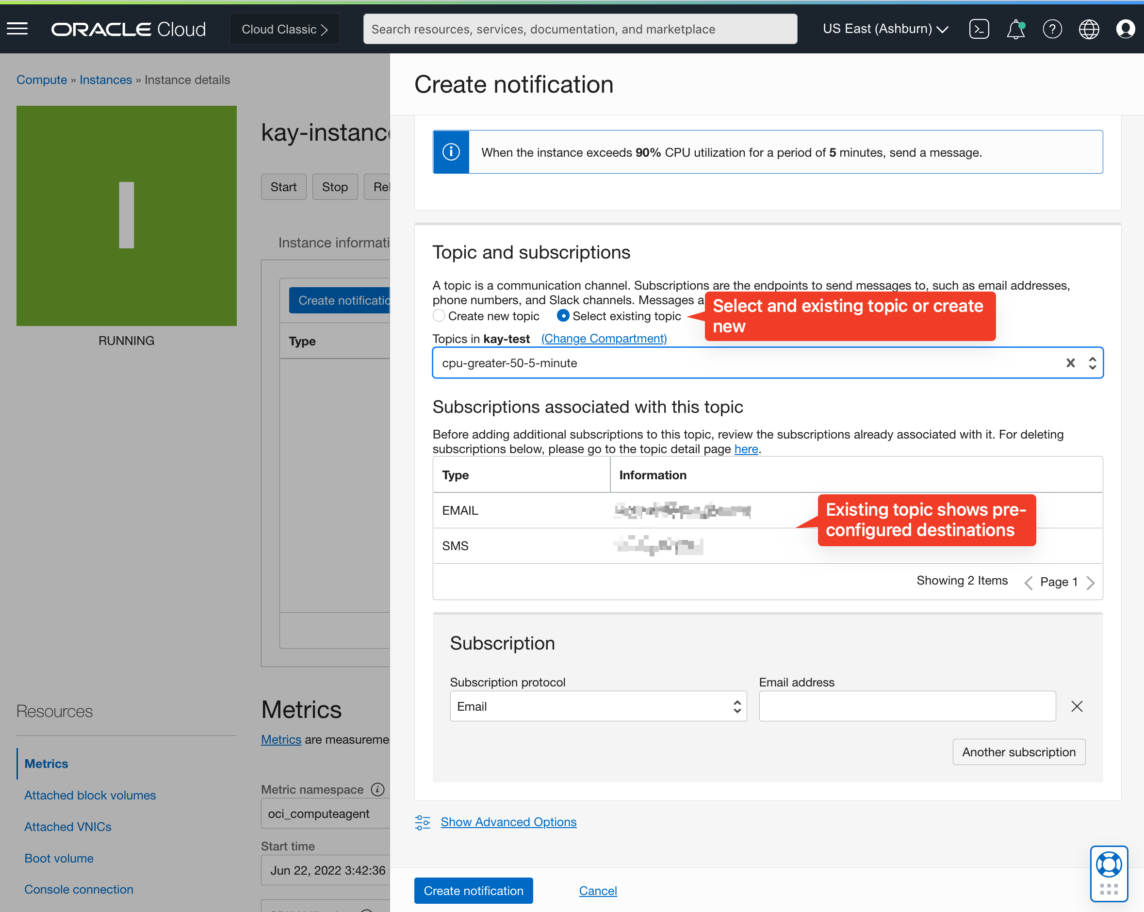 A screenshot of the Create Notification window with the Topic and Subscription section filled in, selected, and indicated in red.