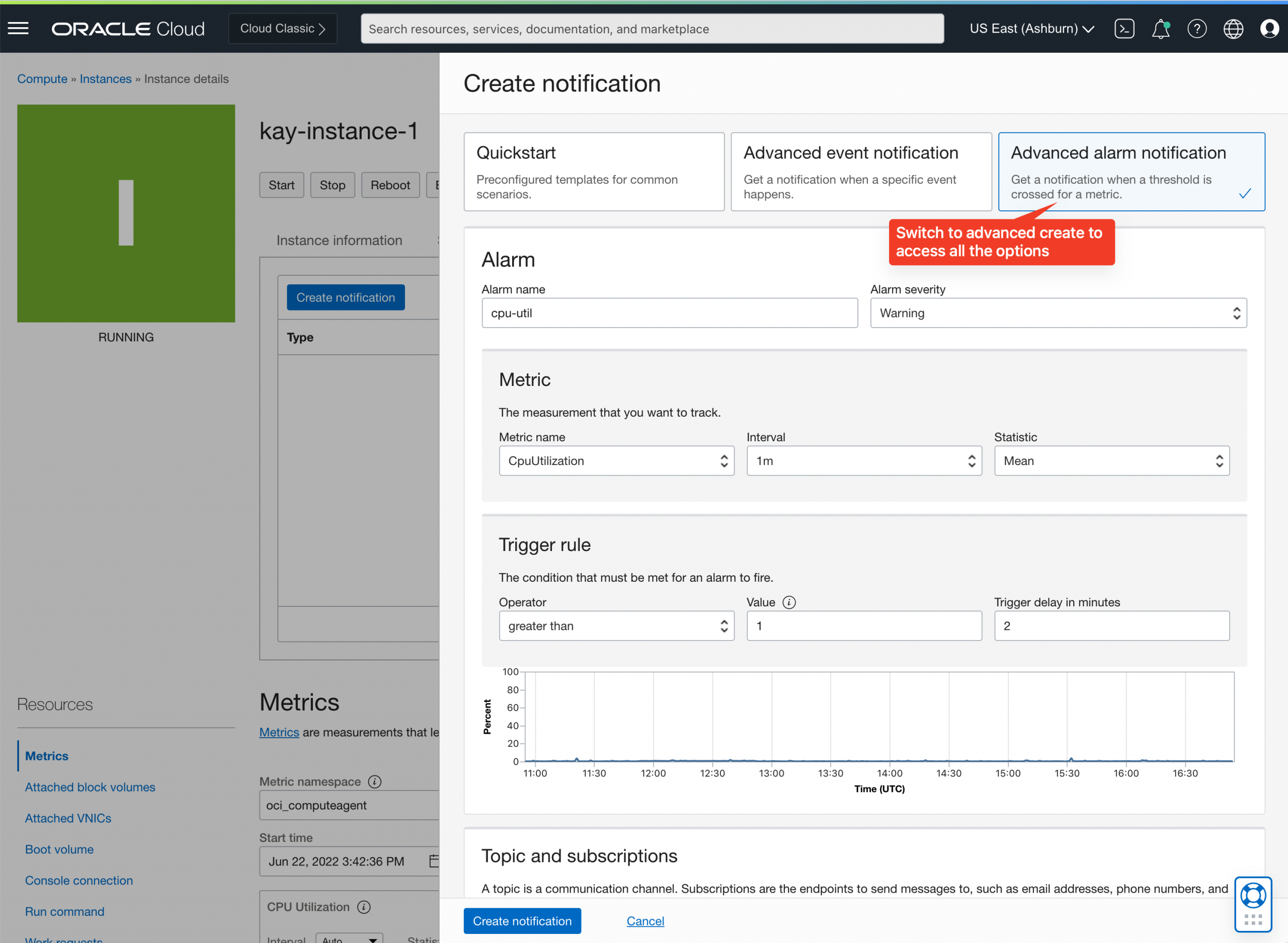 A screenshot of the Create Notification window with a red note indicating the advanced alarm notifications options.