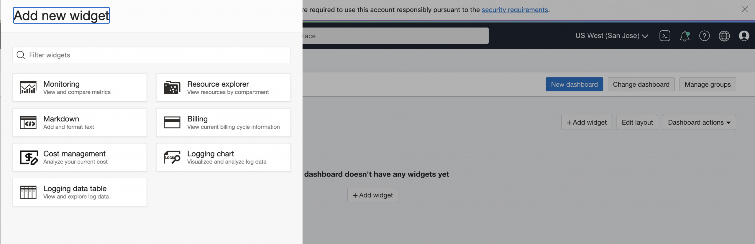 A screenshot of the Add New Widget window in the Console.