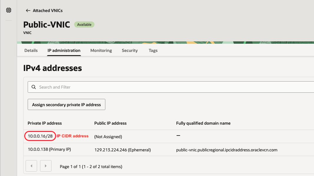Console UI view of IP CIDR address 10.0.0.16/28 assigned to VNIC.