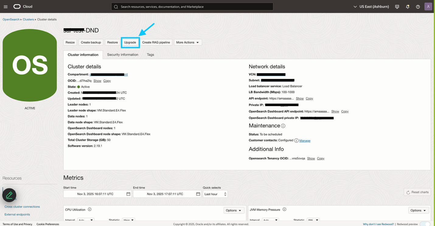 Screenshot to upgrade OpenSearch version