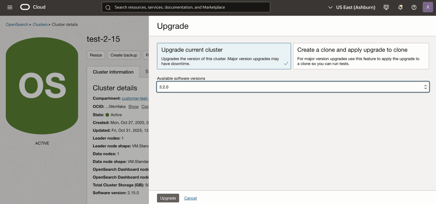 Screenshot of OCI Console to upgrade to Version 3