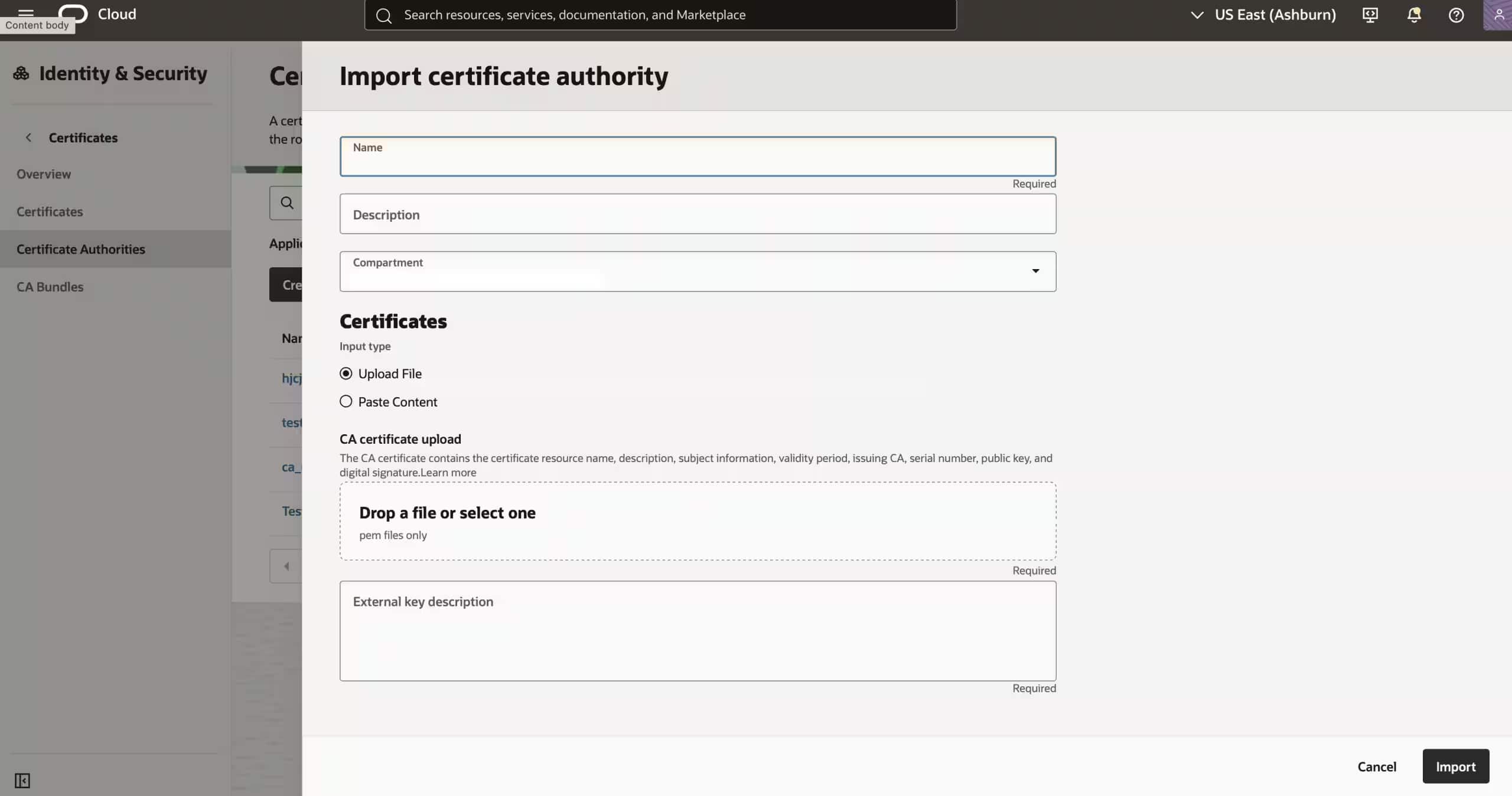 OCI Console screen for importing a certificate authority