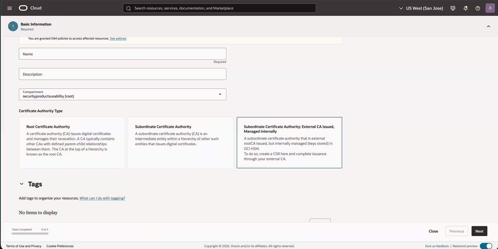 OCI Console screen for creating a certificate authority.