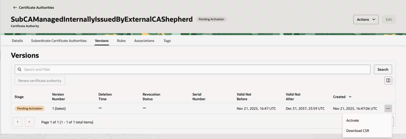 Console screen to activate the CA
