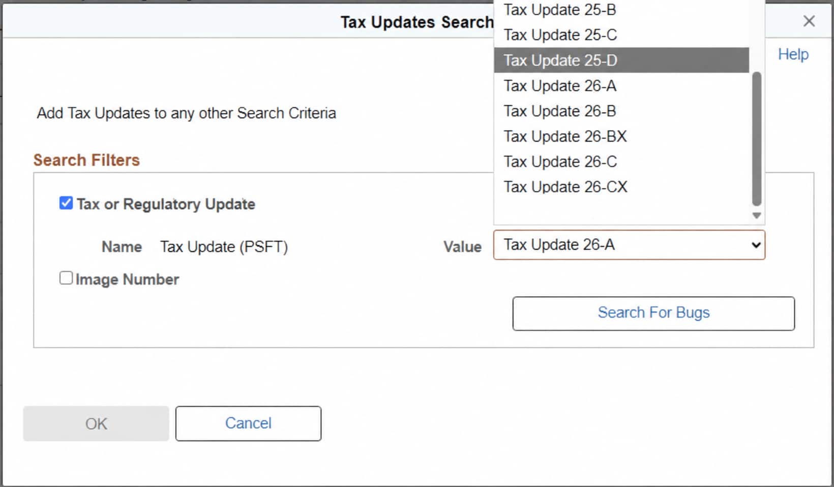 Alt Text: PeopleSoft Update Manager Tax Updates Search showing 26-B and 26-BX as separate options in the Value list.